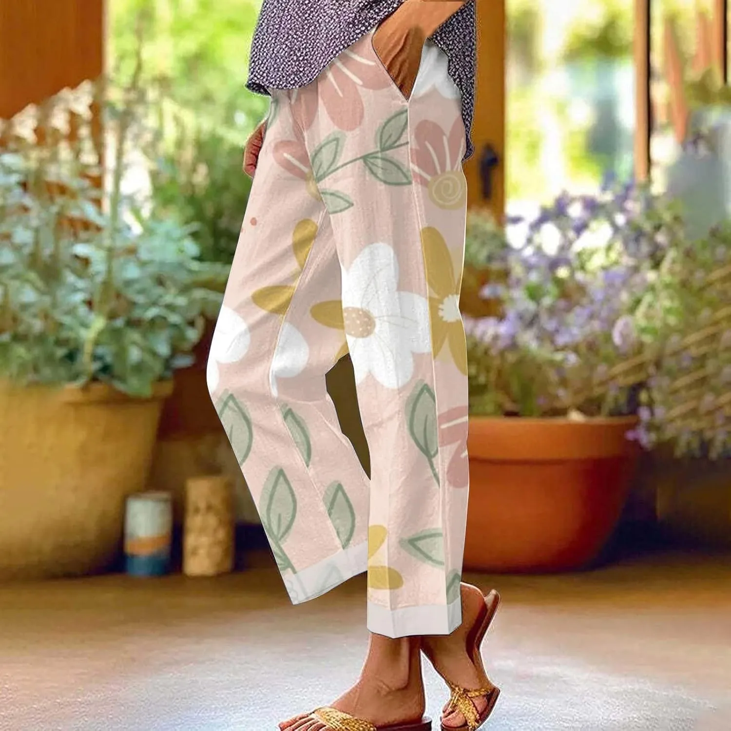 Cotton Pants for Women 2025 Summer Drawstring Lightweight Elastic High Waist Linen Pants Straight Wide Leg Capris