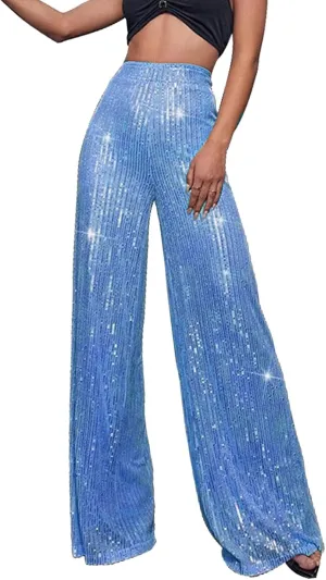 CRNTCEM Women High Waist Sparkle Pants Tummy Control Drape Wide Leg Trouser Lightweight Wedding Party Club Sequin Casual Pant