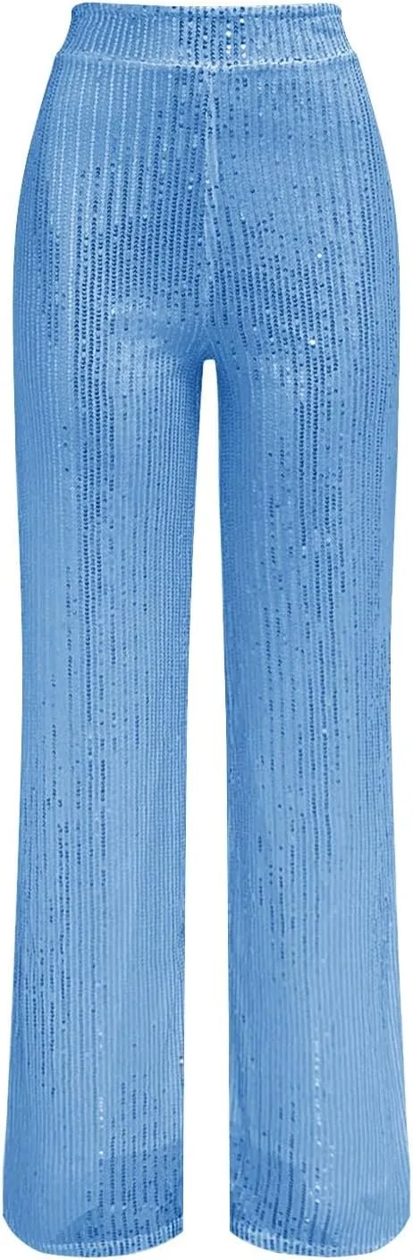 CRNTCEM Women High Waist Sparkle Pants Tummy Control Drape Wide Leg Trouser Lightweight Wedding Party Club Sequin Casual Pant