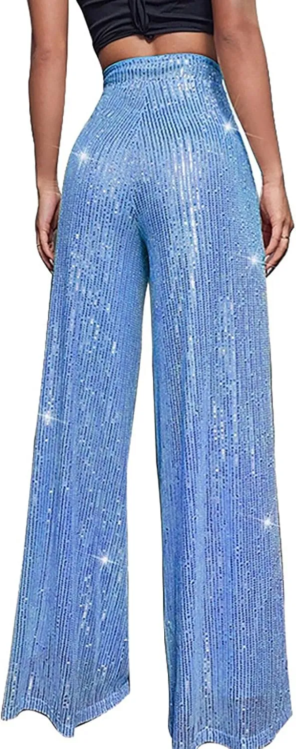 CRNTCEM Women High Waist Sparkle Pants Tummy Control Drape Wide Leg Trouser Lightweight Wedding Party Club Sequin Casual Pant
