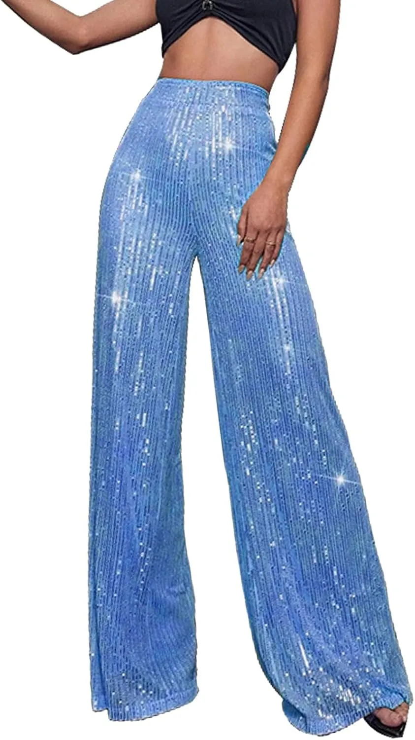 CRNTCEM Women High Waist Sparkle Pants Tummy Control Drape Wide Leg Trouser Lightweight Wedding Party Club Sequin Casual Pant