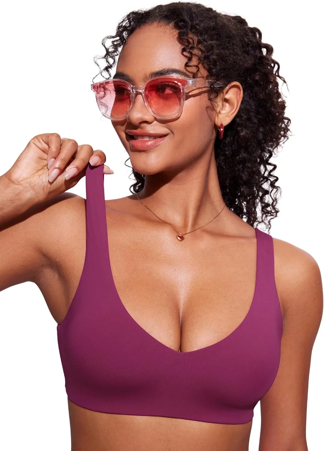 CRZ YOGA Womens V Neck Bikini Tops Bathing Suit V Back Wide Straps Swim Bra Padded Swimsuit
