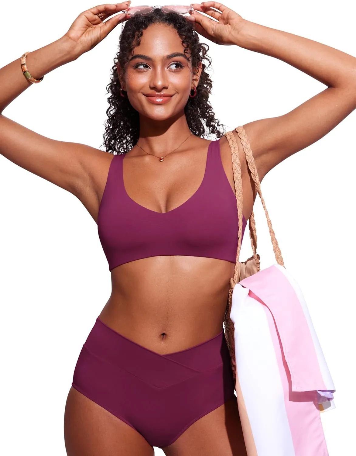 CRZ YOGA Womens V Neck Bikini Tops Bathing Suit V Back Wide Straps Swim Bra Padded Swimsuit