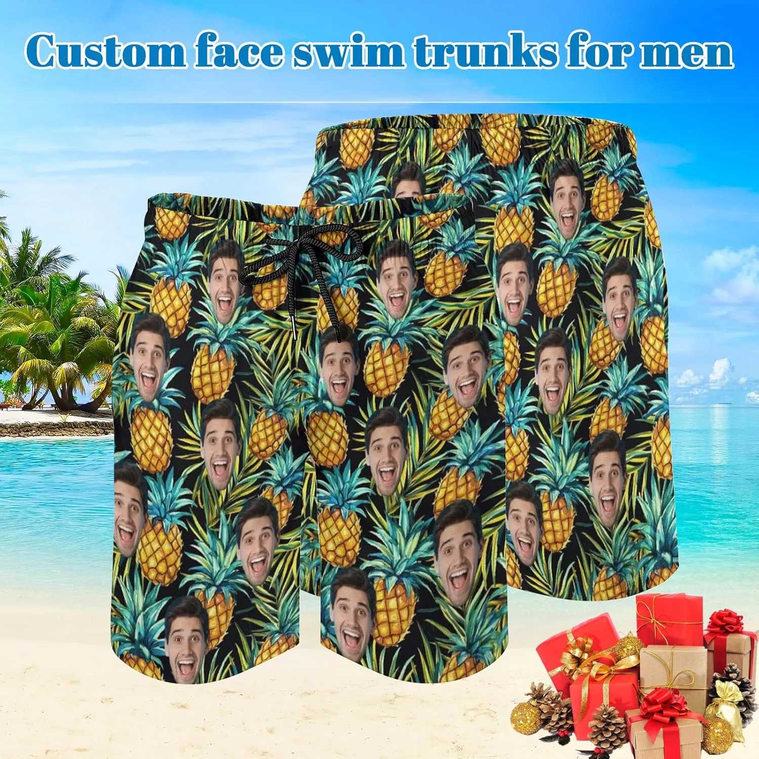Custom Face Swim Trunks for Mens, Personalized Funny Beach Shorts with Faces Photo, Customized Swim Shorts Gift for Birthday