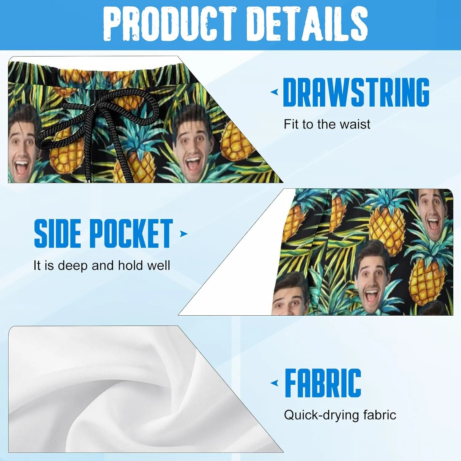 Custom Face Swim Trunks for Mens, Personalized Funny Beach Shorts with Faces Photo, Customized Swim Shorts Gift for Birthday