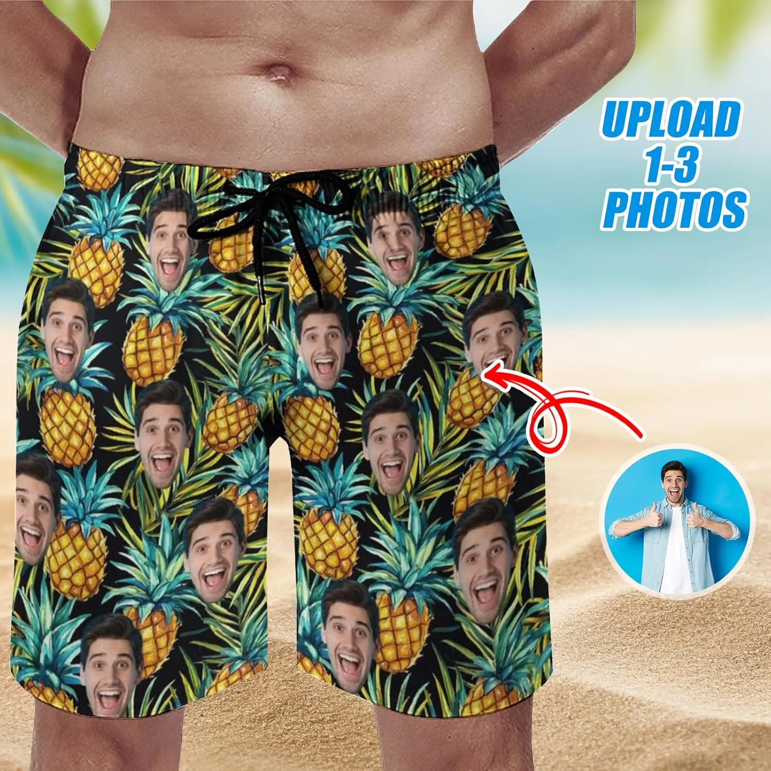 Custom Face Swim Trunks for Mens, Personalized Funny Beach Shorts with Faces Photo, Customized Swim Shorts Gift for Birthday
