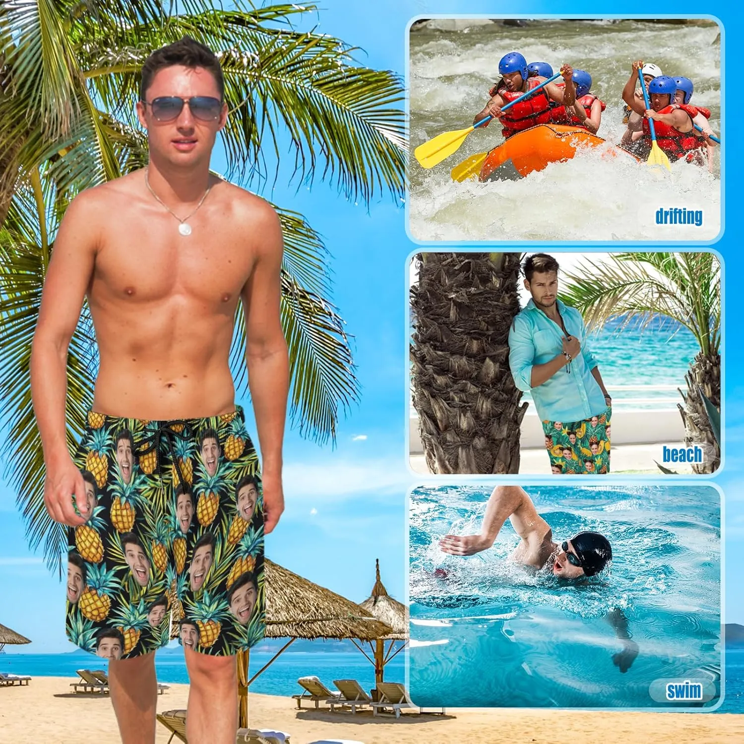Custom Face Swim Trunks for Mens, Personalized Funny Beach Shorts with Faces Photo, Customized Swim Shorts Gift for Birthday