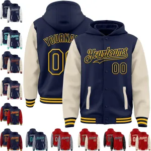 Custom Varsity Jacket with Hood Personalized Teens Letterman Hooded Jacket Full-Snap Baseball Bomber Jacket