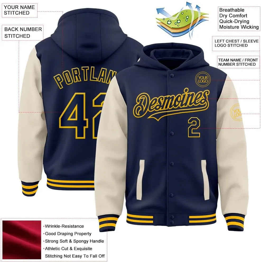 Custom Varsity Jacket with Hood Personalized Teens Letterman Hooded Jacket Full-Snap Baseball Bomber Jacket