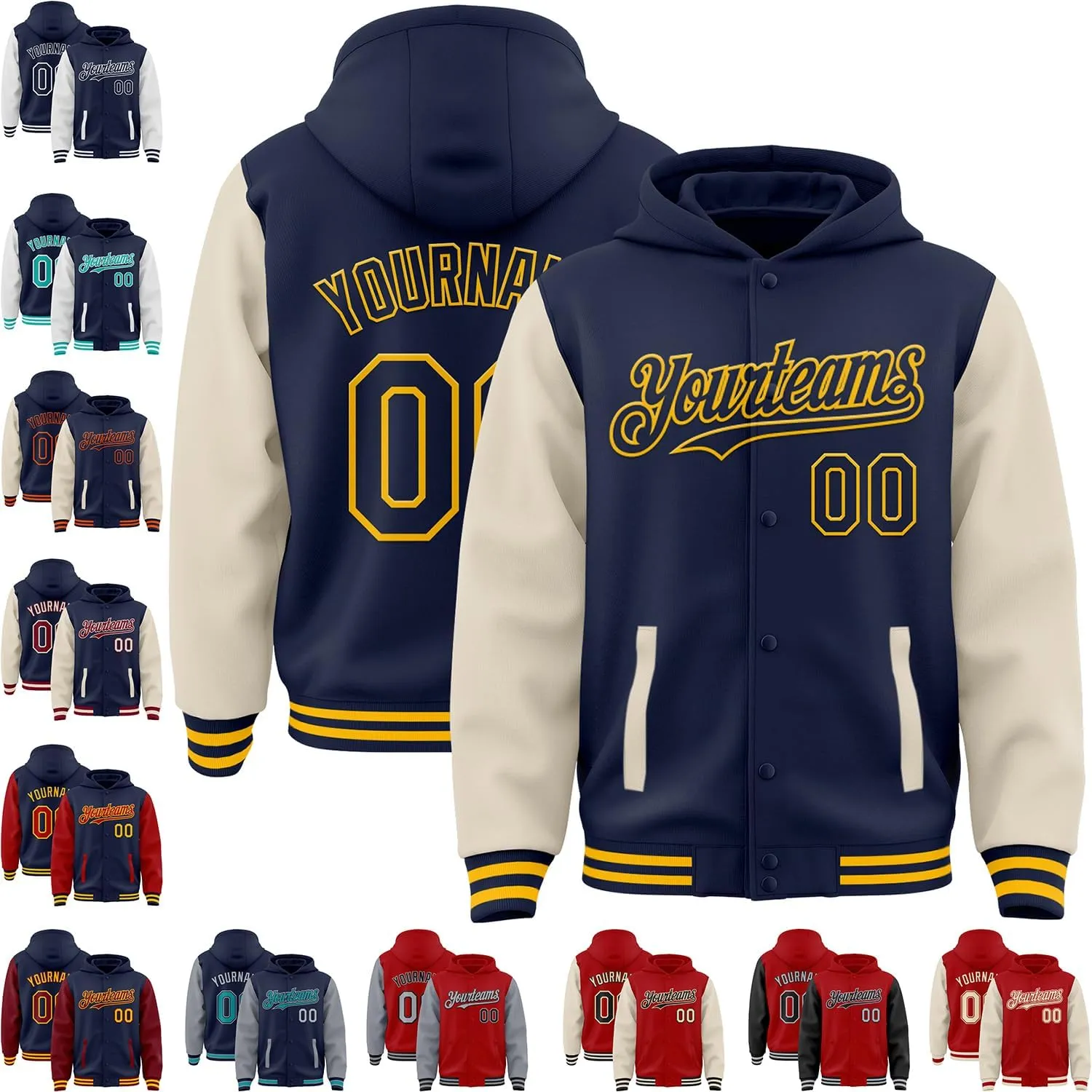 Custom Varsity Jacket with Hood Personalized Teens Letterman Hooded Jacket Full-Snap Baseball Bomber Jacket
