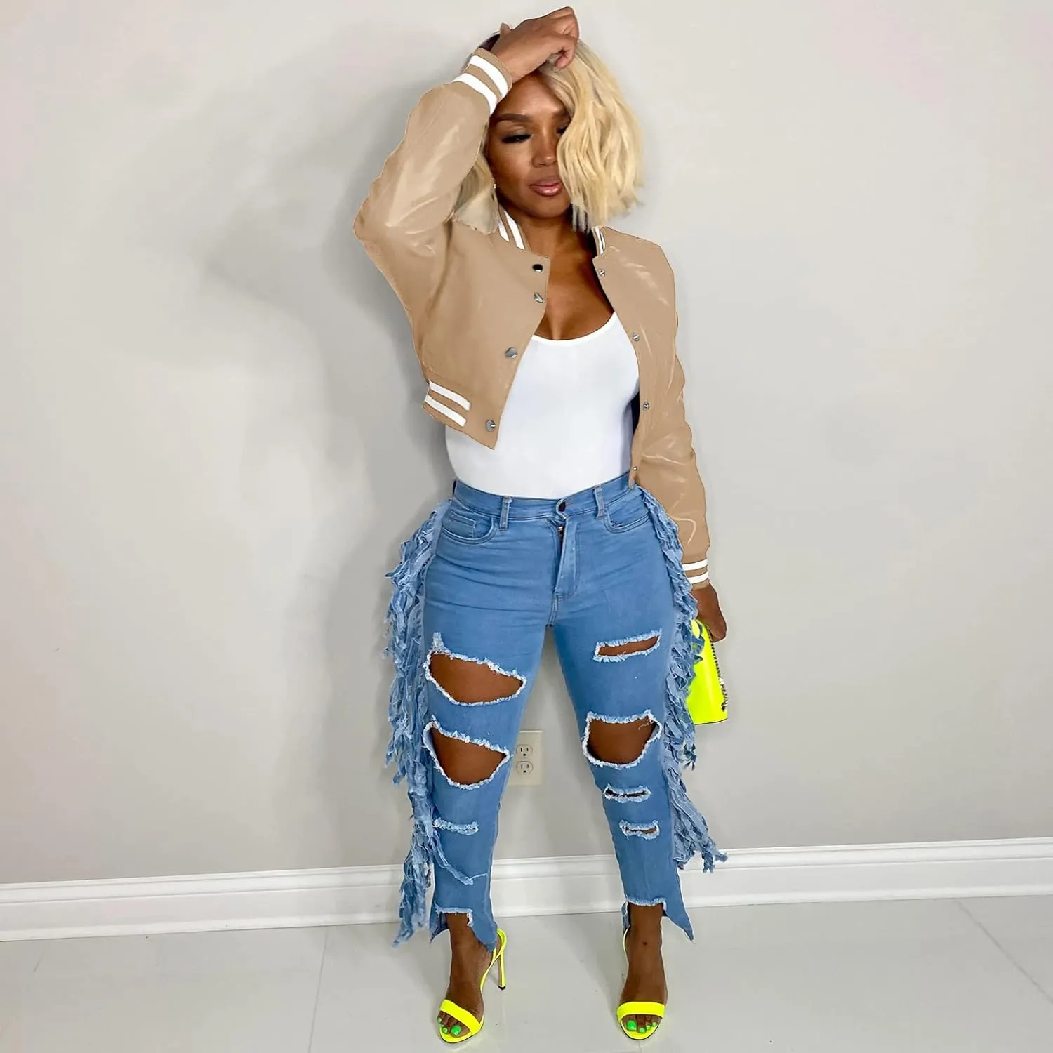 CXINS Women Crop Bomber Jacket Oversized Varsity Button Down Baseball Faux Leather Jacket Coat PU Outwear Vintage Streetwear