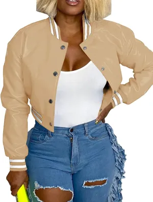 CXINS Women Crop Bomber Jacket Oversized Varsity Button Down Baseball Faux Leather Jacket Coat PU Outwear Vintage Streetwear