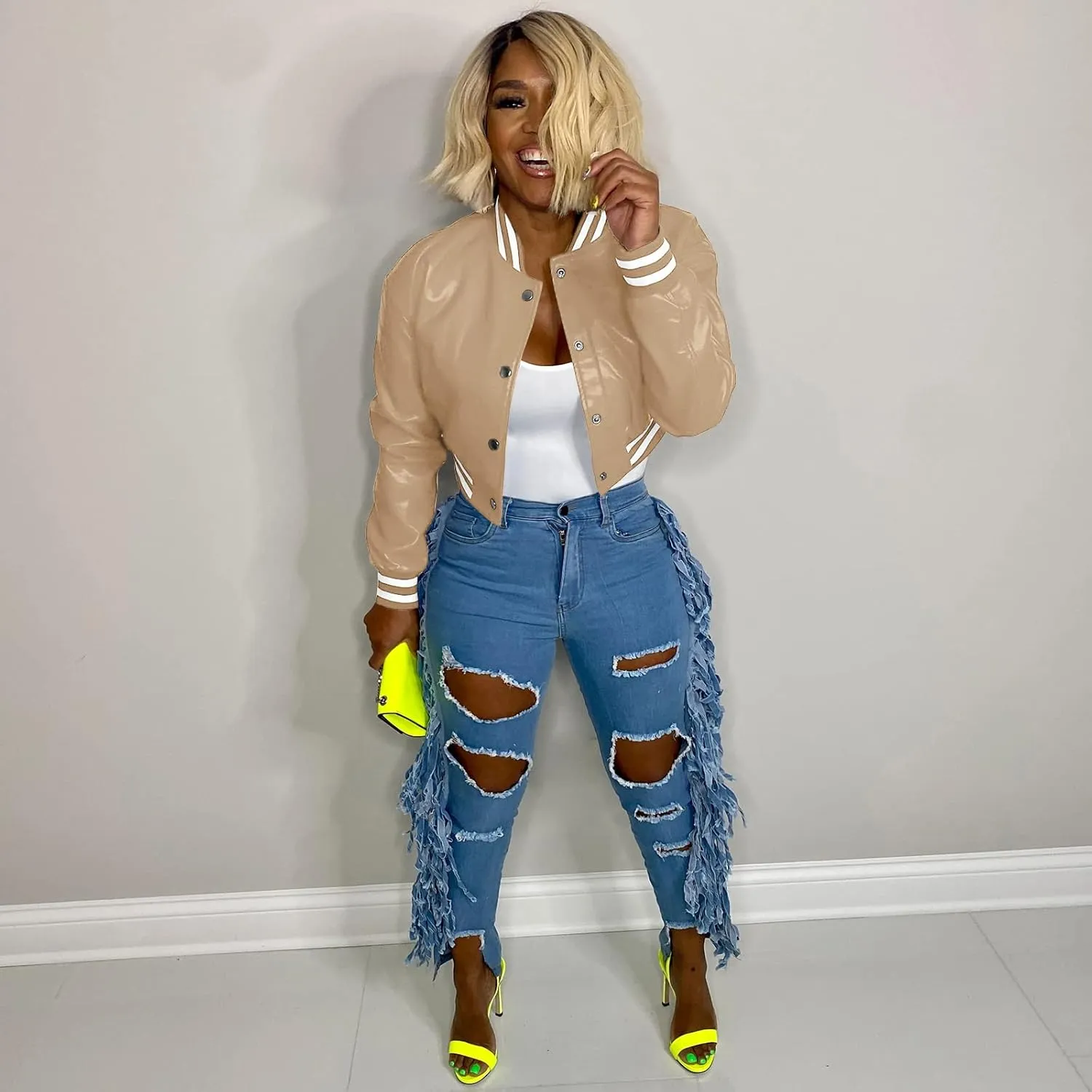 CXINS Women Crop Bomber Jacket Oversized Varsity Button Down Baseball Faux Leather Jacket Coat PU Outwear Vintage Streetwear
