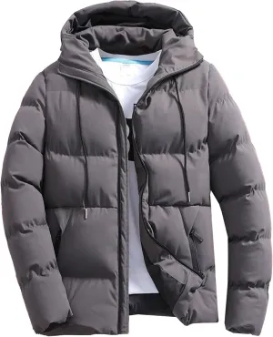 DGHM-JLMY Mens Hooded Drawstring Quilted Coat Windproof Full Zip Short Cotton-Padded Jacket Slim Fit Trendy Bubble Jacket