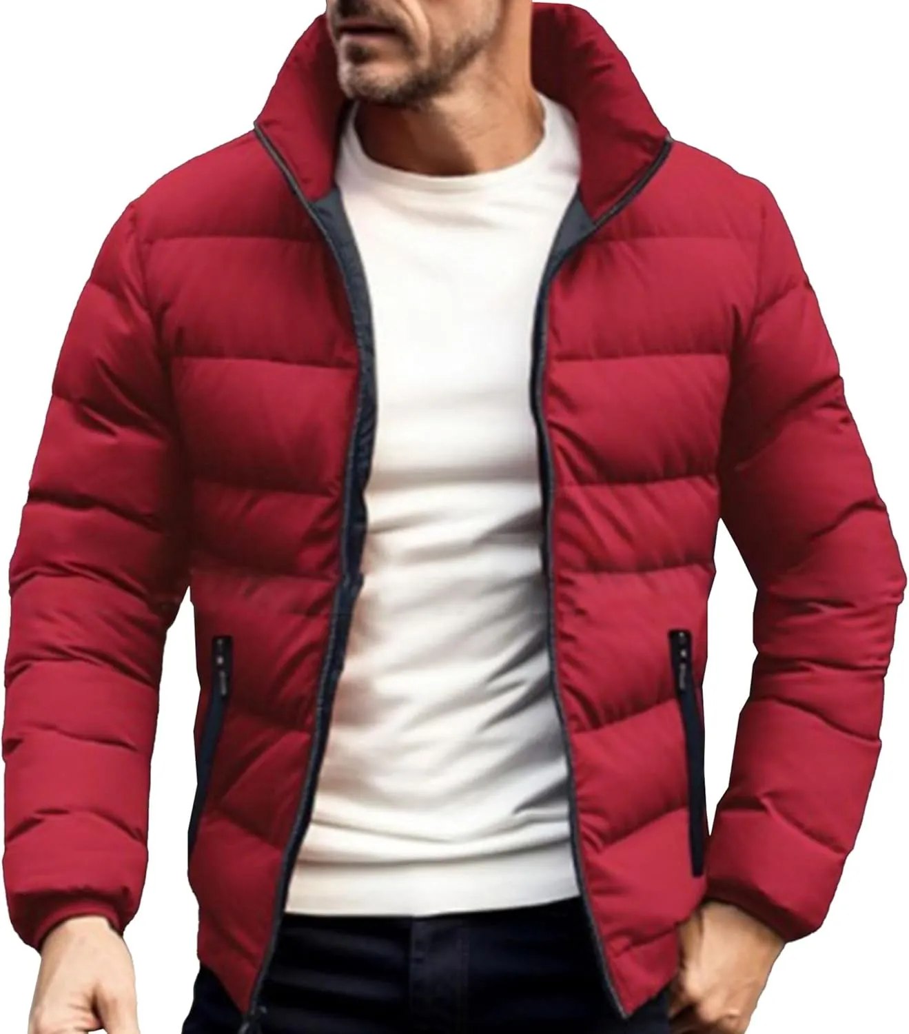 DGHM-JLMY Men's Solid Color Cotton-Padded Jacket Fashion Simple Color Block Zip Quilted Coat Stand Collar Slim Fit Outwear