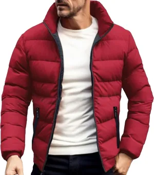 DGHM-JLMY Men's Solid Color Cotton-Padded Jacket Fashion Simple Color Block Zip Quilted Coat Stand Collar Slim Fit Outwear