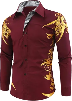 DGHM-JLMY Men's Totem Gold Printed Long Sleeve Shirt Hipster Slim Fit Button Up Party Dress Shirts Gold Shiny Stylish Shirt