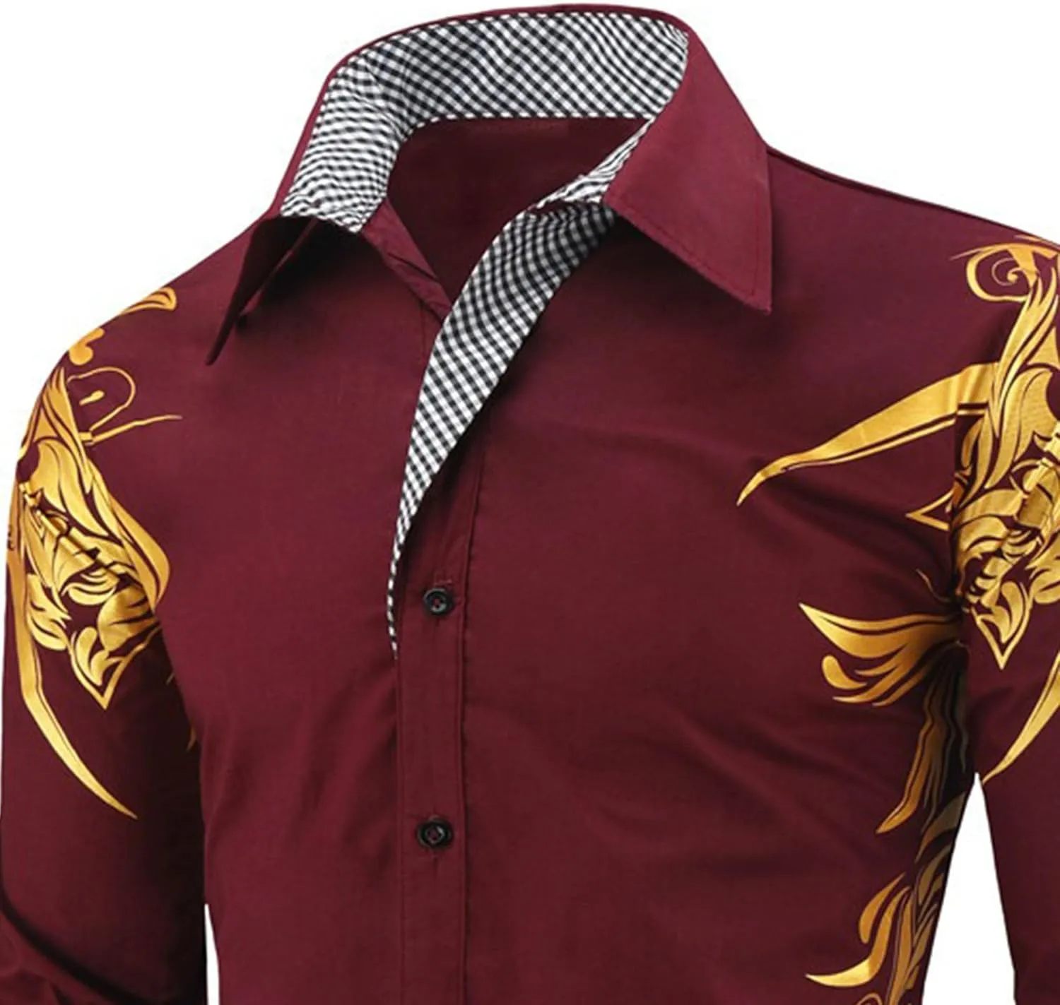 DGHM-JLMY Men's Totem Gold Printed Long Sleeve Shirt Hipster Slim Fit Button Up Party Dress Shirts Gold Shiny Stylish Shirt