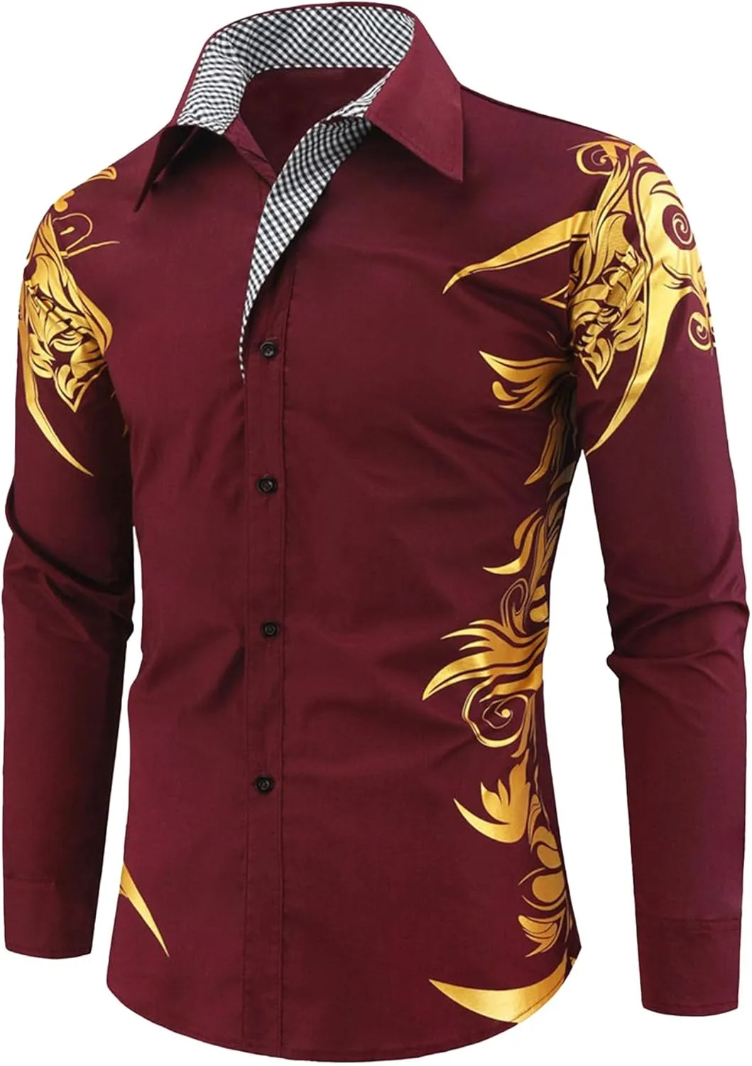 DGHM-JLMY Men's Totem Gold Printed Long Sleeve Shirt Hipster Slim Fit Button Up Party Dress Shirts Gold Shiny Stylish Shirt