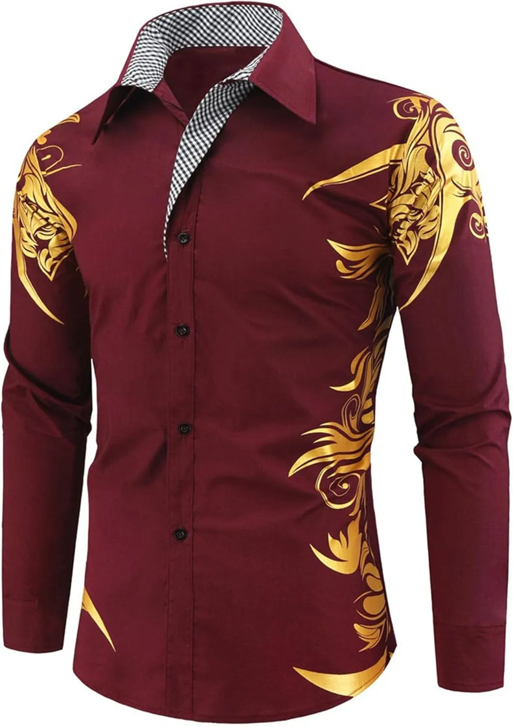 DGHM-JLMY Men's Totem Gold Printed Long Sleeve Shirt Hipster Slim Fit Button Up Party Dress Shirts Gold Shiny Stylish Shirt