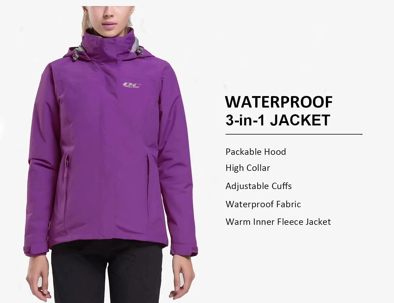 Diamond Candy Womens 3-in-1 Winter Jacket Waterproof Rain Coat with Hood Warm Fleece Ski Jackets