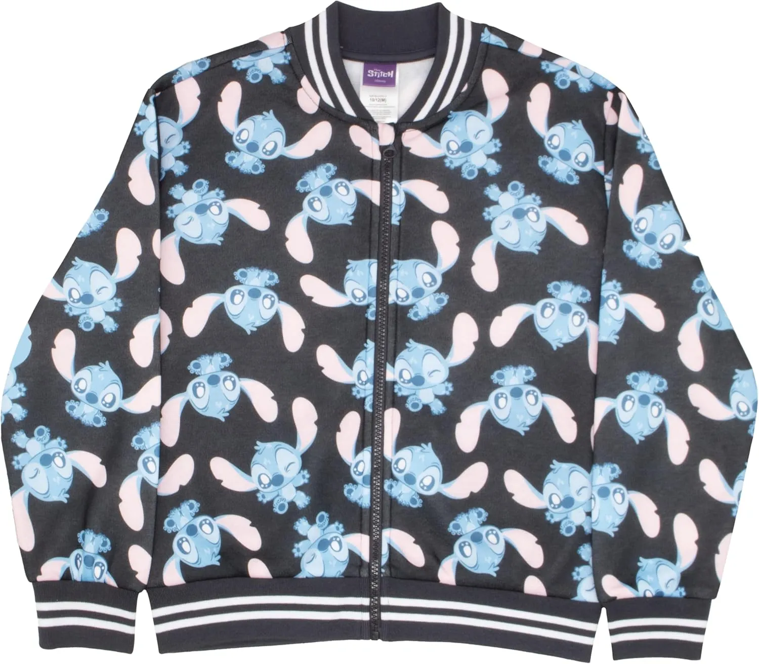 Disney Lilo & Stitch Girl's Zip-Up Varsity Bomber Jacket - Casual Lightweight Coat with Stitch Graphic Print for Kids