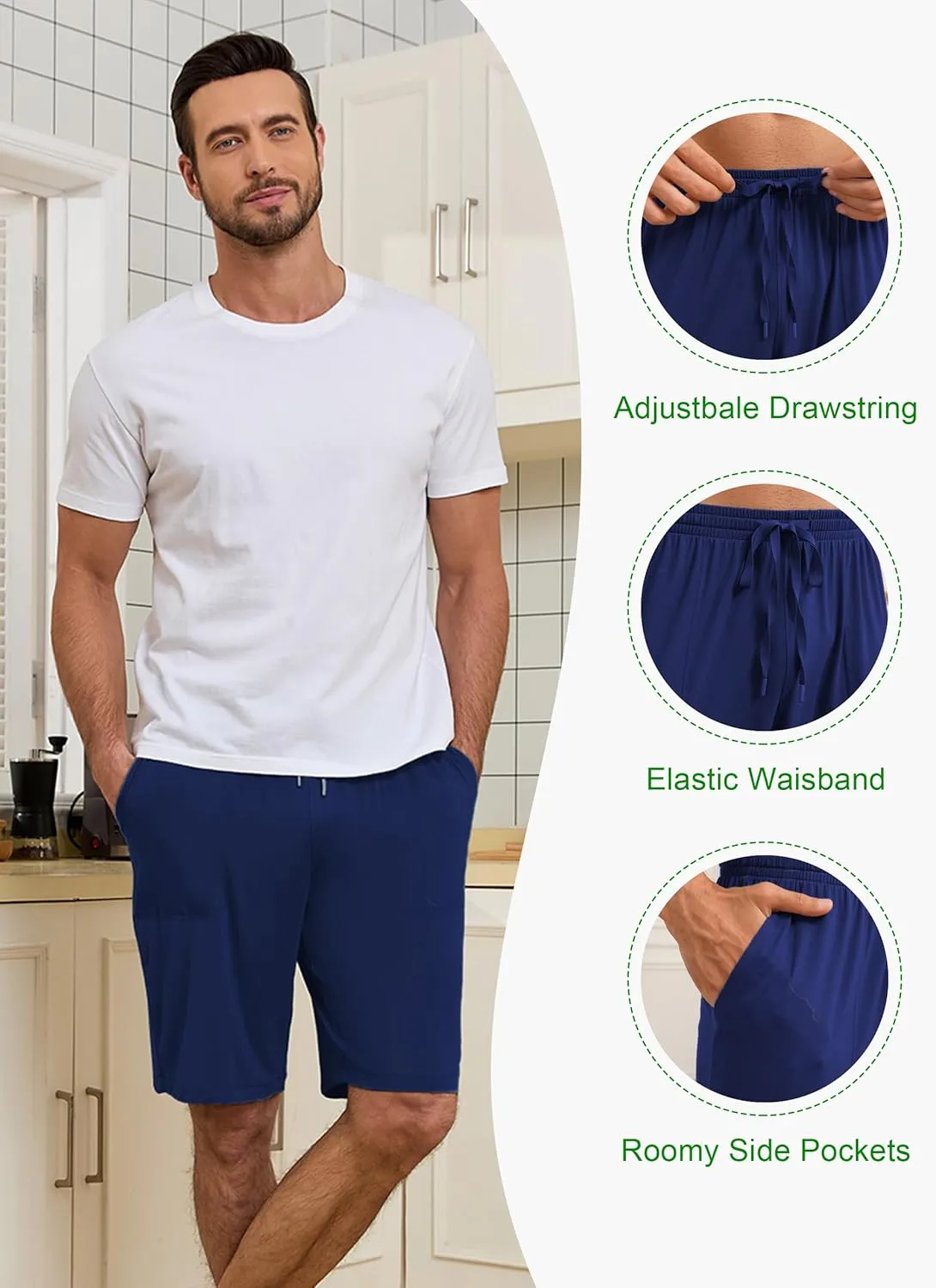 EA'S SECRET Mens Pajama Shorts Bamboo Drawstring Men's Sleep Shorts Soft Lounge Pajama Bottoms with Pockets 2 Pack