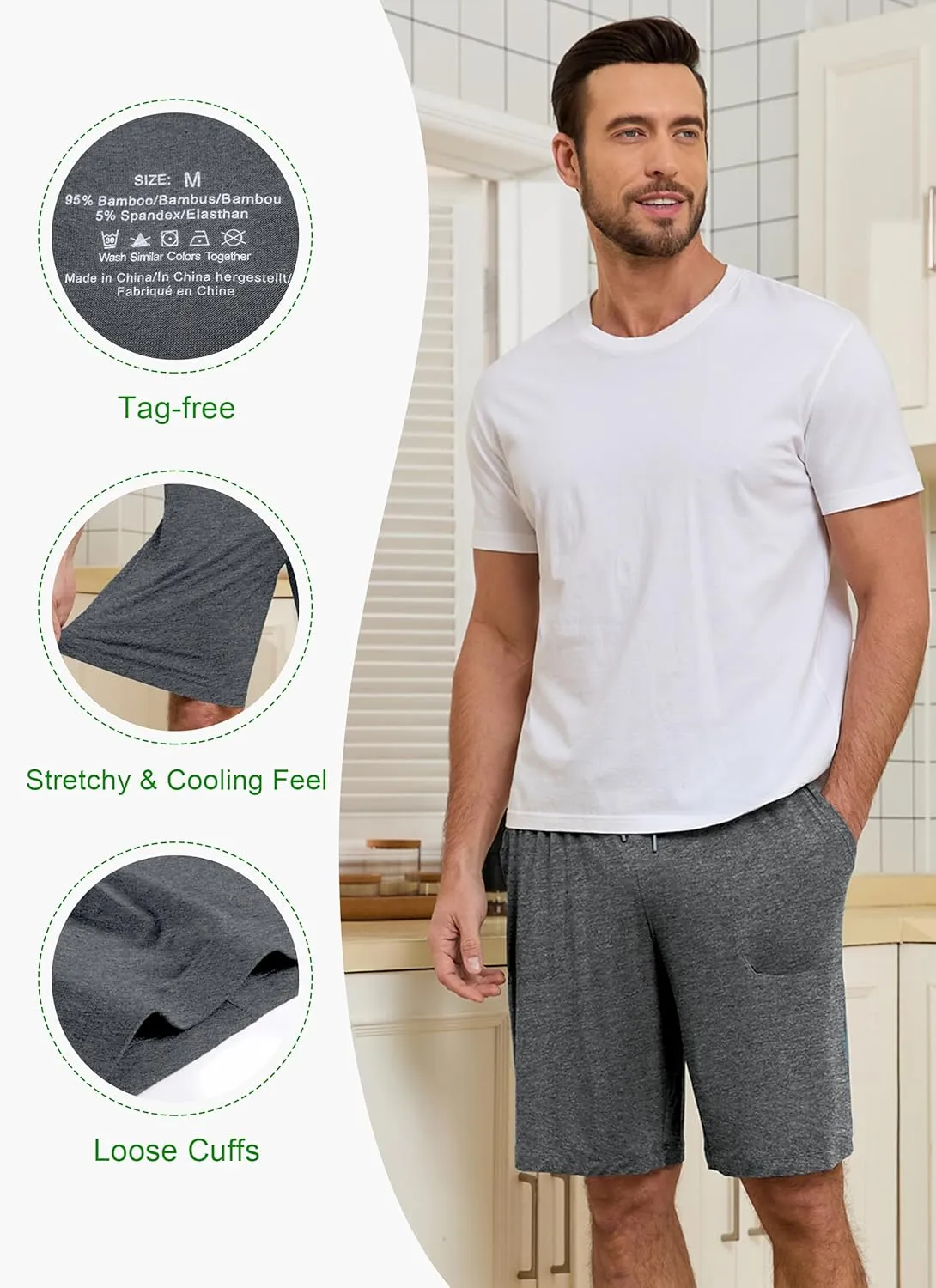 EA'S SECRET Mens Pajama Shorts Bamboo Drawstring Men's Sleep Shorts Soft Lounge Pajama Bottoms with Pockets 2 Pack