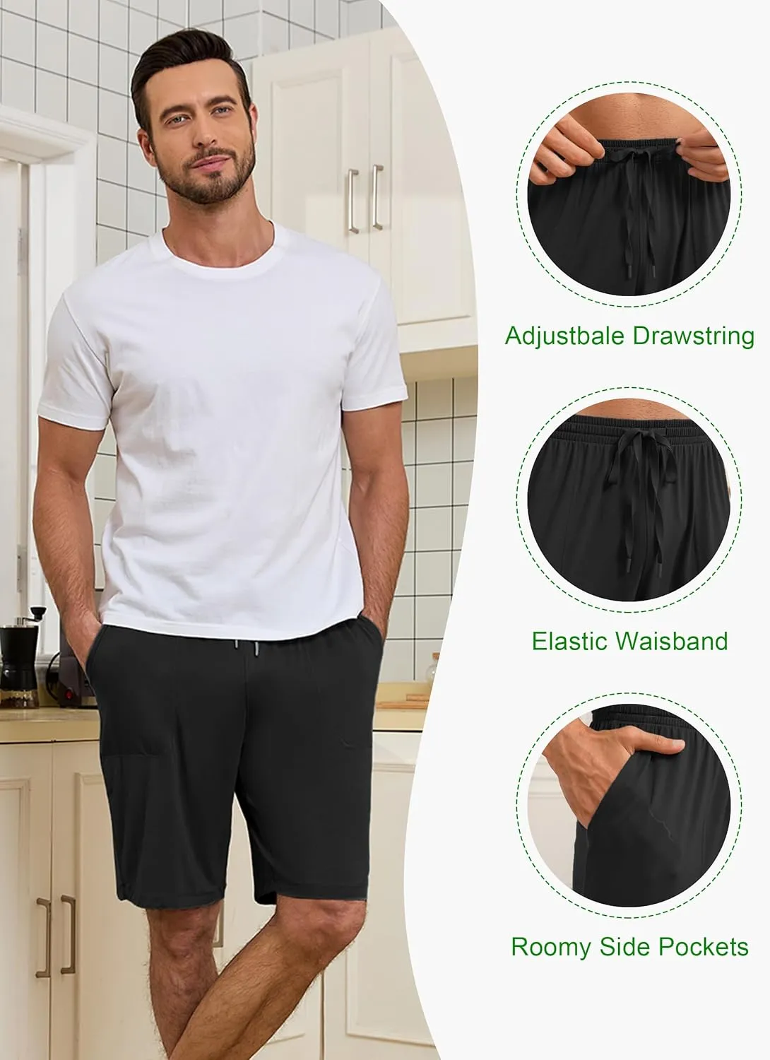 EA'S SECRET Mens Pajama Shorts Bamboo Drawstring Men's Sleep Shorts Soft Lounge Pajama Bottoms with Pockets 2 Pack