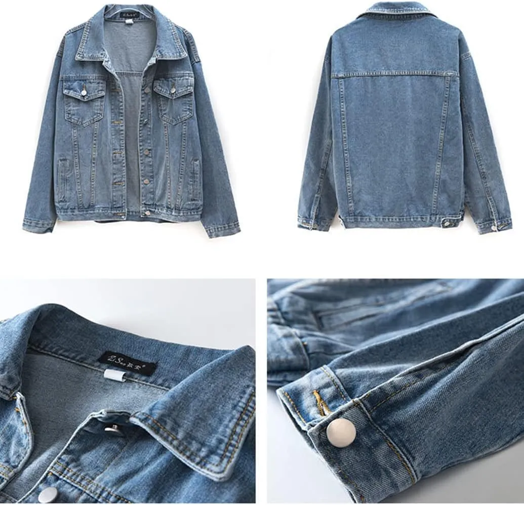 ebossy Women's Casual Loose Distressed Denim Jacket Classic Vintage Oversized Washed Trucker Jean Coat
