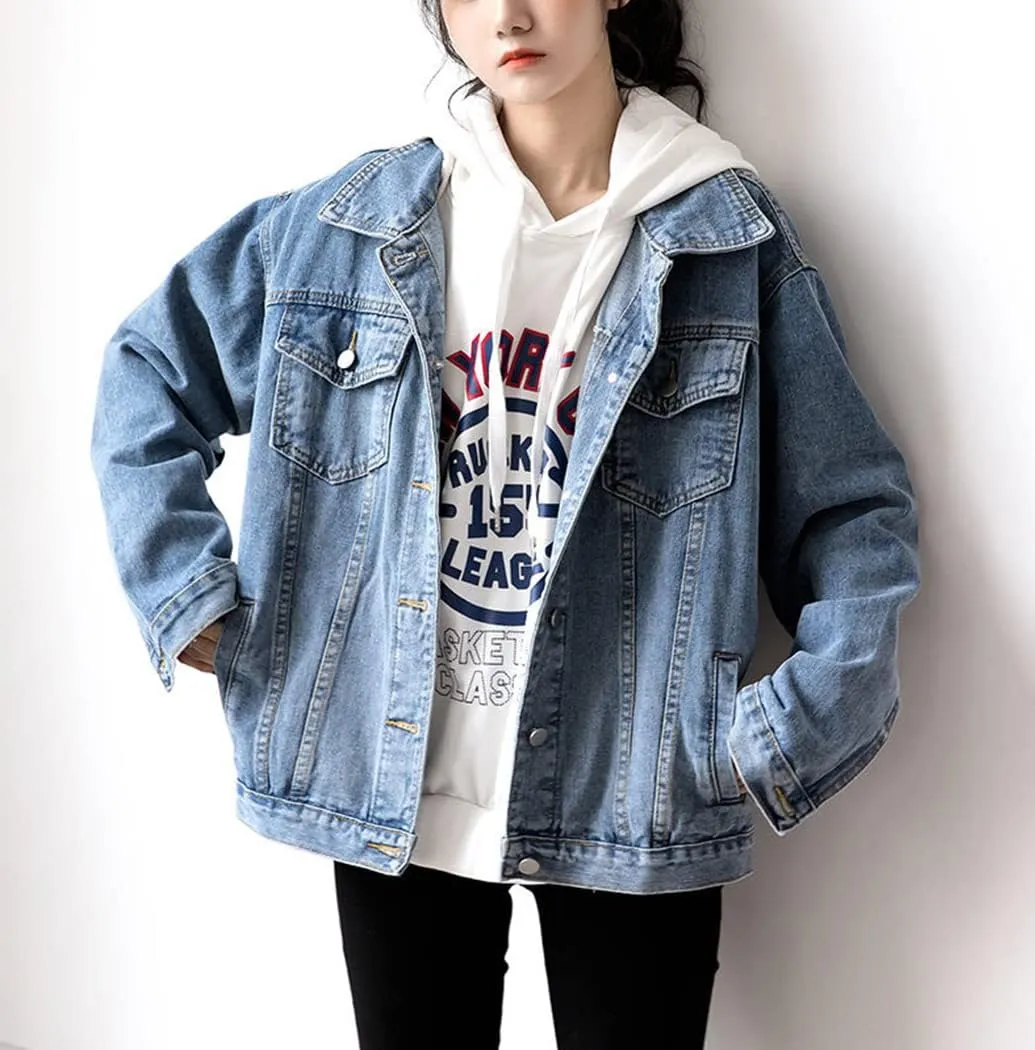 ebossy Women's Casual Loose Distressed Denim Jacket Classic Vintage Oversized Washed Trucker Jean Coat