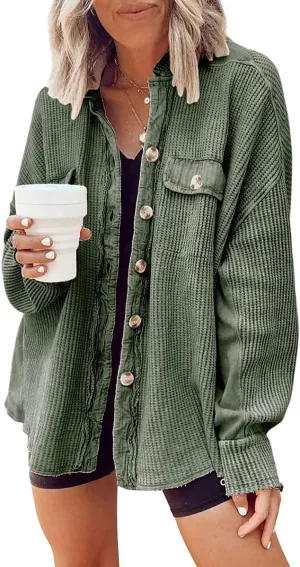 ebossy Womens Long Batwing Sleeve Splicing Cardigan Lightweight Waffle Textured Boyfriend Shirt Jacket Shacket