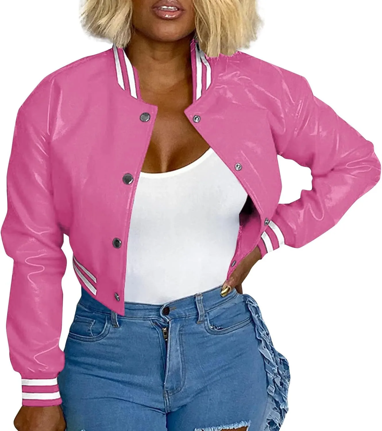 ECKHARDT Jackets for Women Corduroy Patchwork Stand Collar Button Long Sleeve Elastic Leather Pocket Coat Floral Zipped