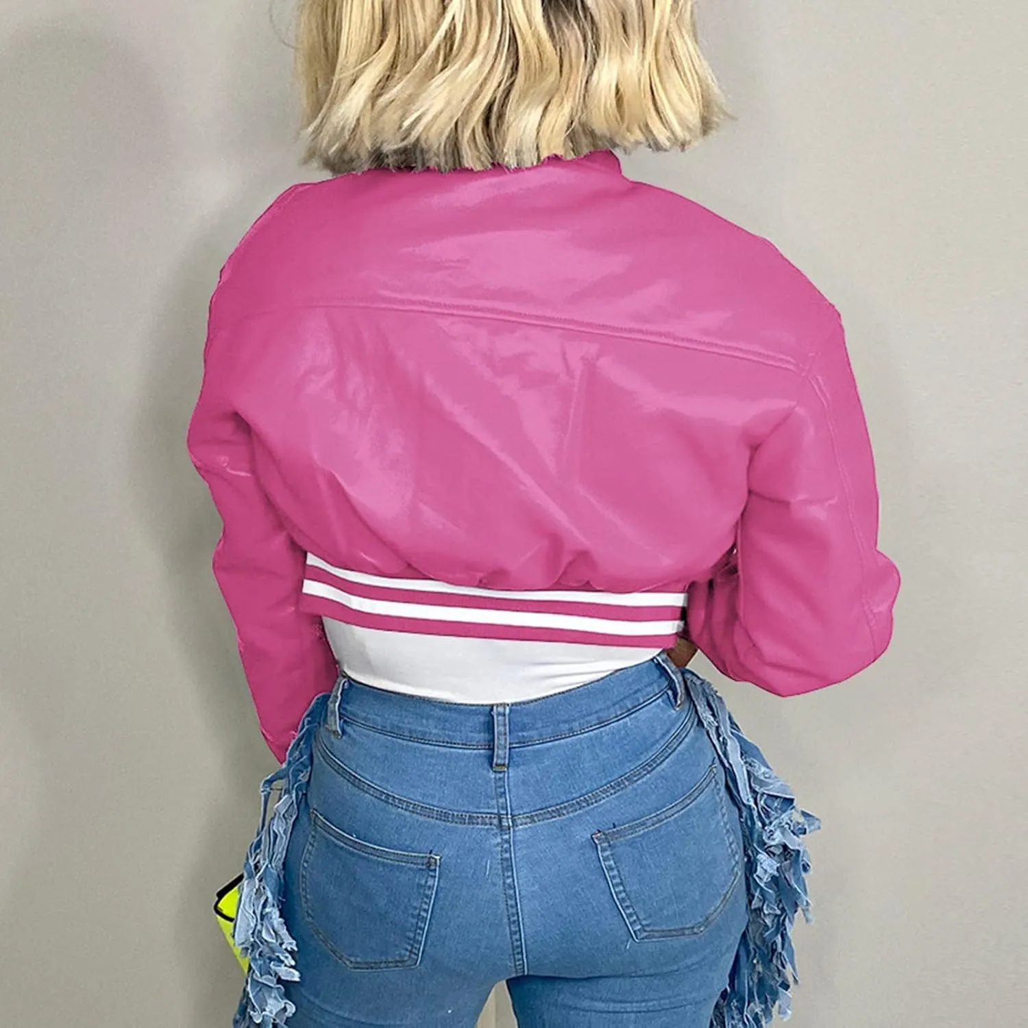 ECKHARDT Jackets for Women Corduroy Patchwork Stand Collar Button Long Sleeve Elastic Leather Pocket Coat Floral Zipped