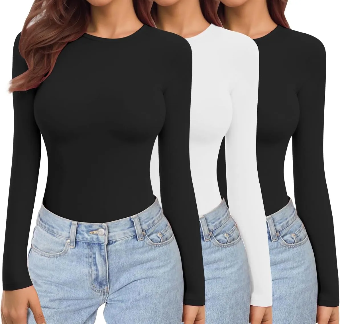 Ekouaer Womens 3 Pack Long Sleeve Shirts Crew Neck Stretch Fitted Underscrubs Trendy Basic Tops Lightweight Thermal Tee