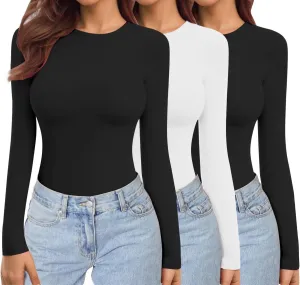 Ekouaer Womens 3 Pack Long Sleeve Shirts Crew Neck Stretch Fitted Underscrubs Trendy Basic Tops Lightweight Thermal Tee