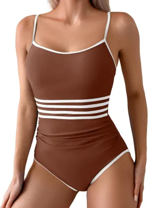 Eomenie Women's One Piece Swimsuit Tummy Control Bathing Suit Spaghetti Strap Color Block Swim Suit 1 Piece Slim Swimwear