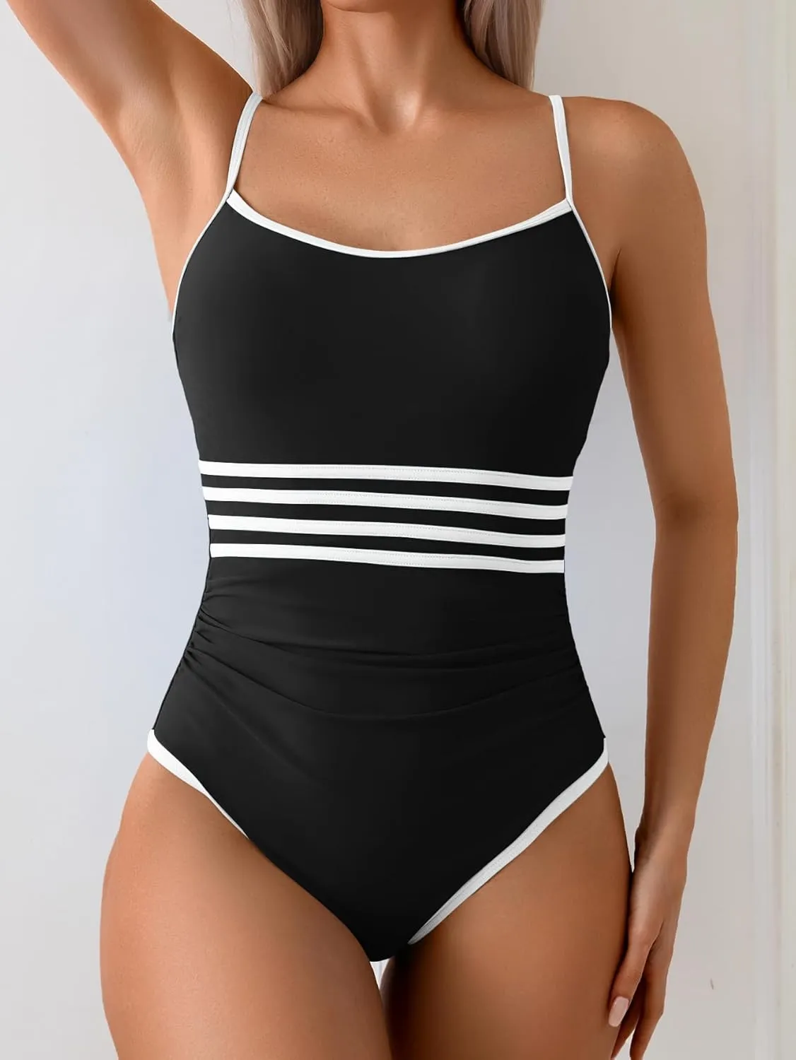 Eomenie Women's One Piece Swimsuit Tummy Control Bathing Suit Spaghetti Strap Color Block Swim Suit 1 Piece Slim Swimwear
