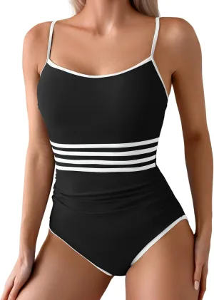 Eomenie Women's One Piece Swimsuit Tummy Control Bathing Suit Spaghetti Strap Color Block Swim Suit 1 Piece Slim Swimwear