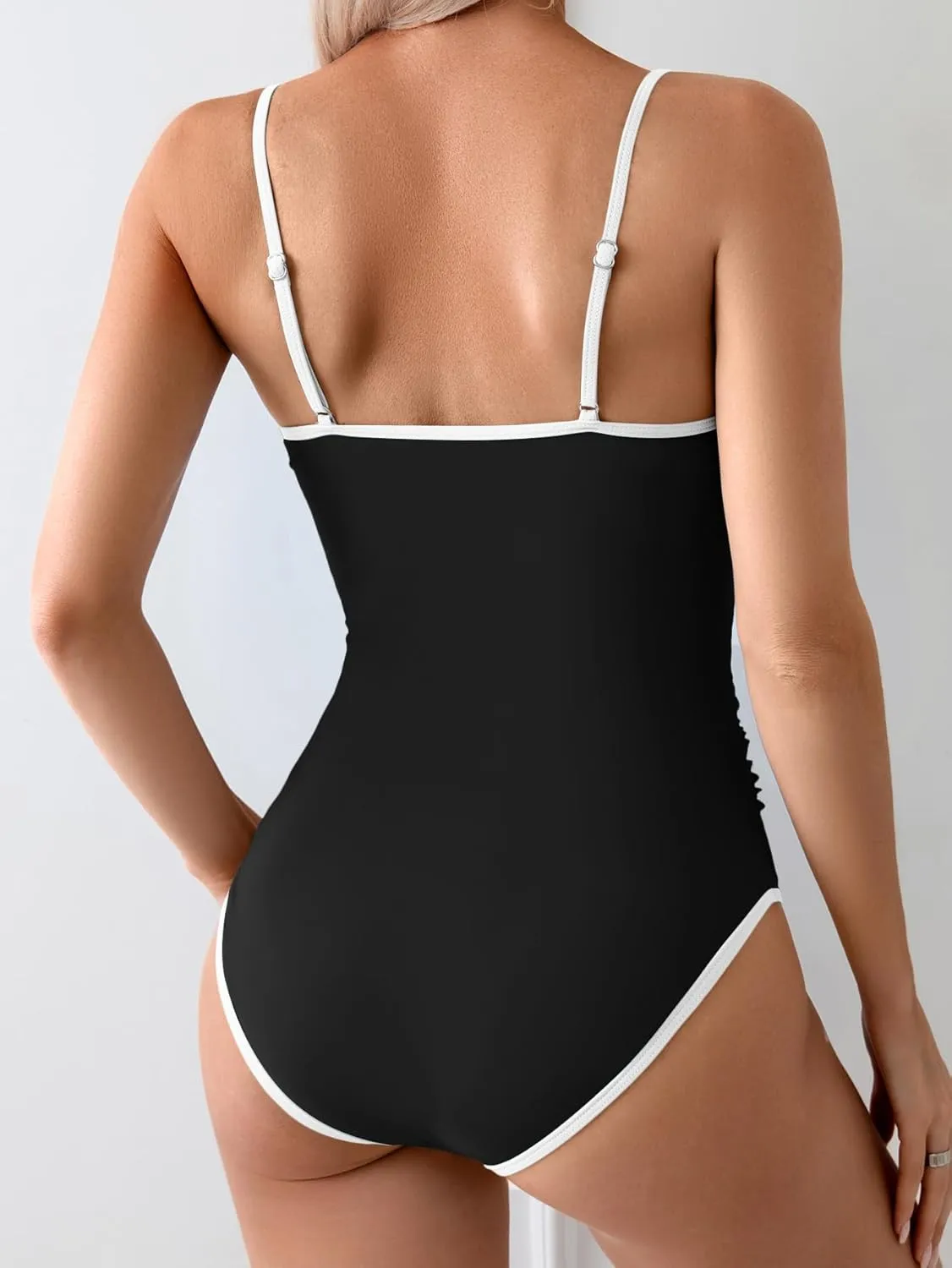 Eomenie Women's One Piece Swimsuit Tummy Control Bathing Suit Spaghetti Strap Color Block Swim Suit 1 Piece Slim Swimwear