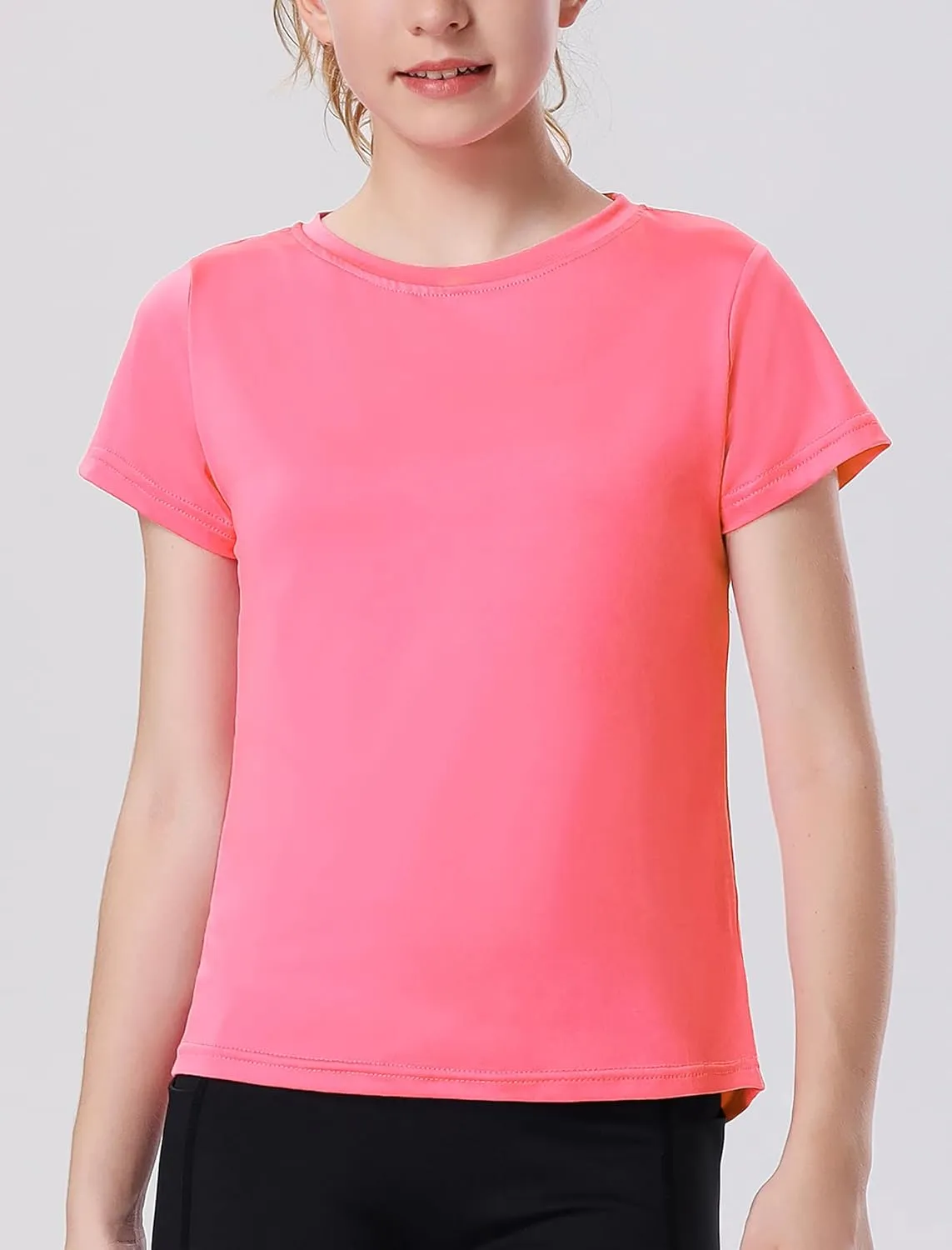 EXARUS 4 Pack Girls Athletic Shirts Quick Dry Short Sleeve Tshirts Crewneck Tee Workout Activewear Tops for Kids 8-16Y