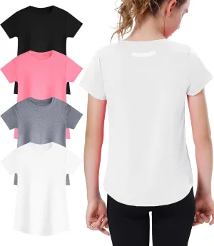 EXARUS 4 Pack Girls Athletic Shirts Quick Dry Short Sleeve Tshirts Crewneck Tee Workout Activewear Tops for Kids 8-16Y