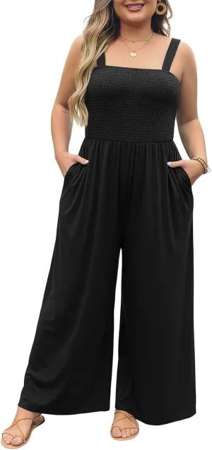 Eytino Plus Size Jumpsuit for Women Spaghetti Strap Sleeveless Overalls Stretchy Wide Leg Pants Long Rompers with Pockets