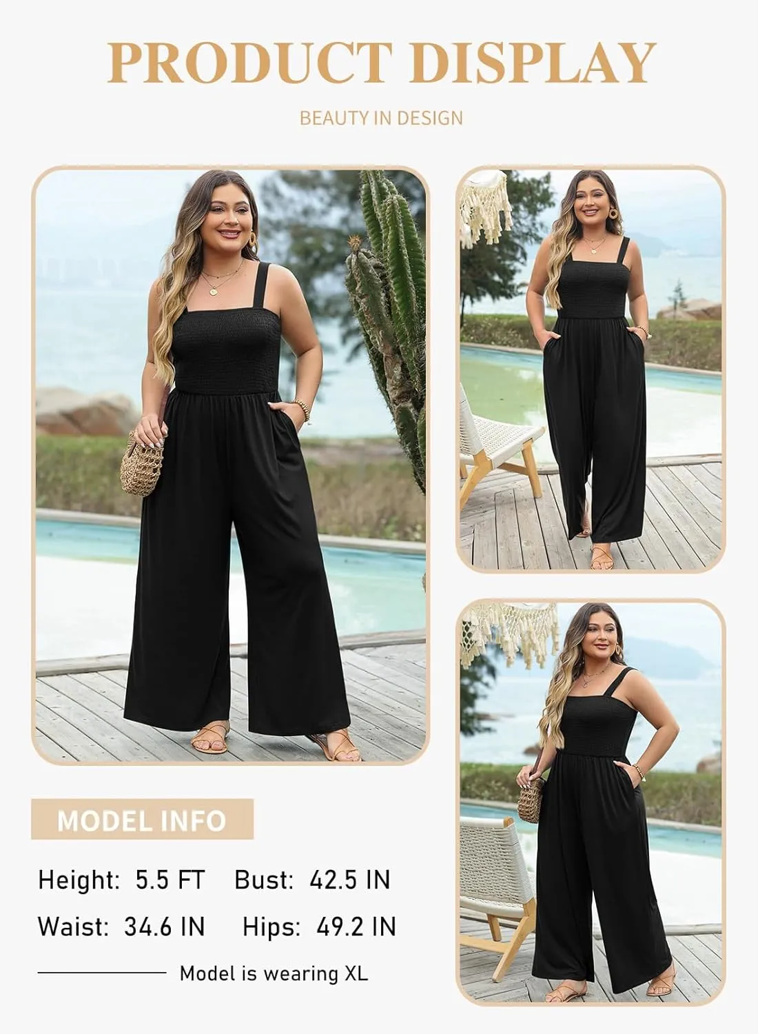 Eytino Plus Size Jumpsuit for Women Spaghetti Strap Sleeveless Overalls Stretchy Wide Leg Pants Long Rompers with Pockets