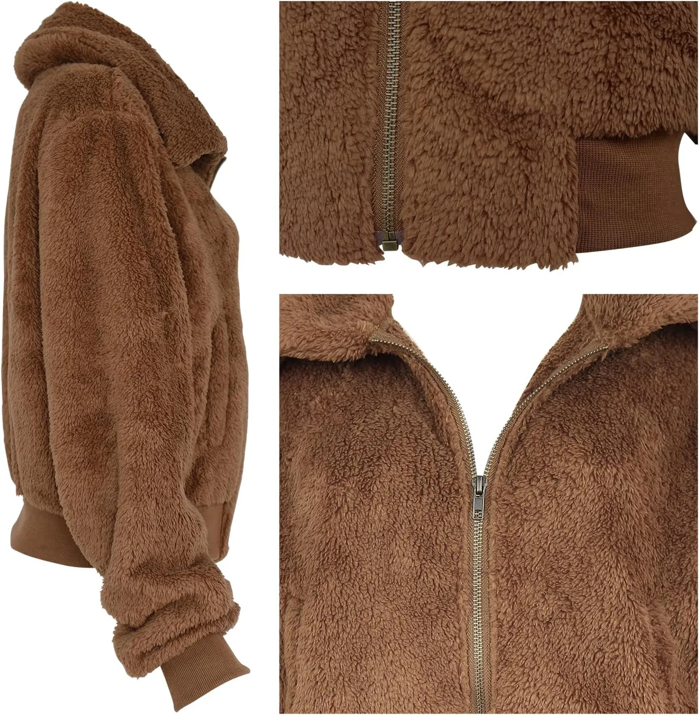 FANCYINN Womens Teddy Cropped Faux Fur Jacket Furry Lapel Coat Zip Up with Pockets Warm Winter