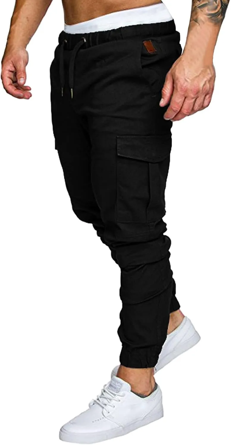 Fashion Cargo Sweatpants for Men Big and Tall Slim Fit Pencil Tapered Trousers Drawstring Stretch Comfy Jogger Sweat Pants