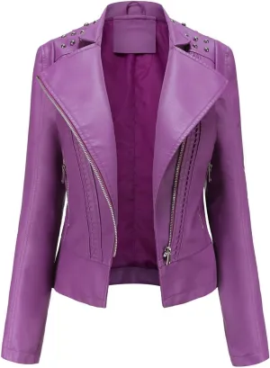 Fashion Slim Fit Leather Jacket Women, Classic Casual Moto Biker Outwear, Shacket Jacket Women (Regular & Petite)(Violet,X-Small)