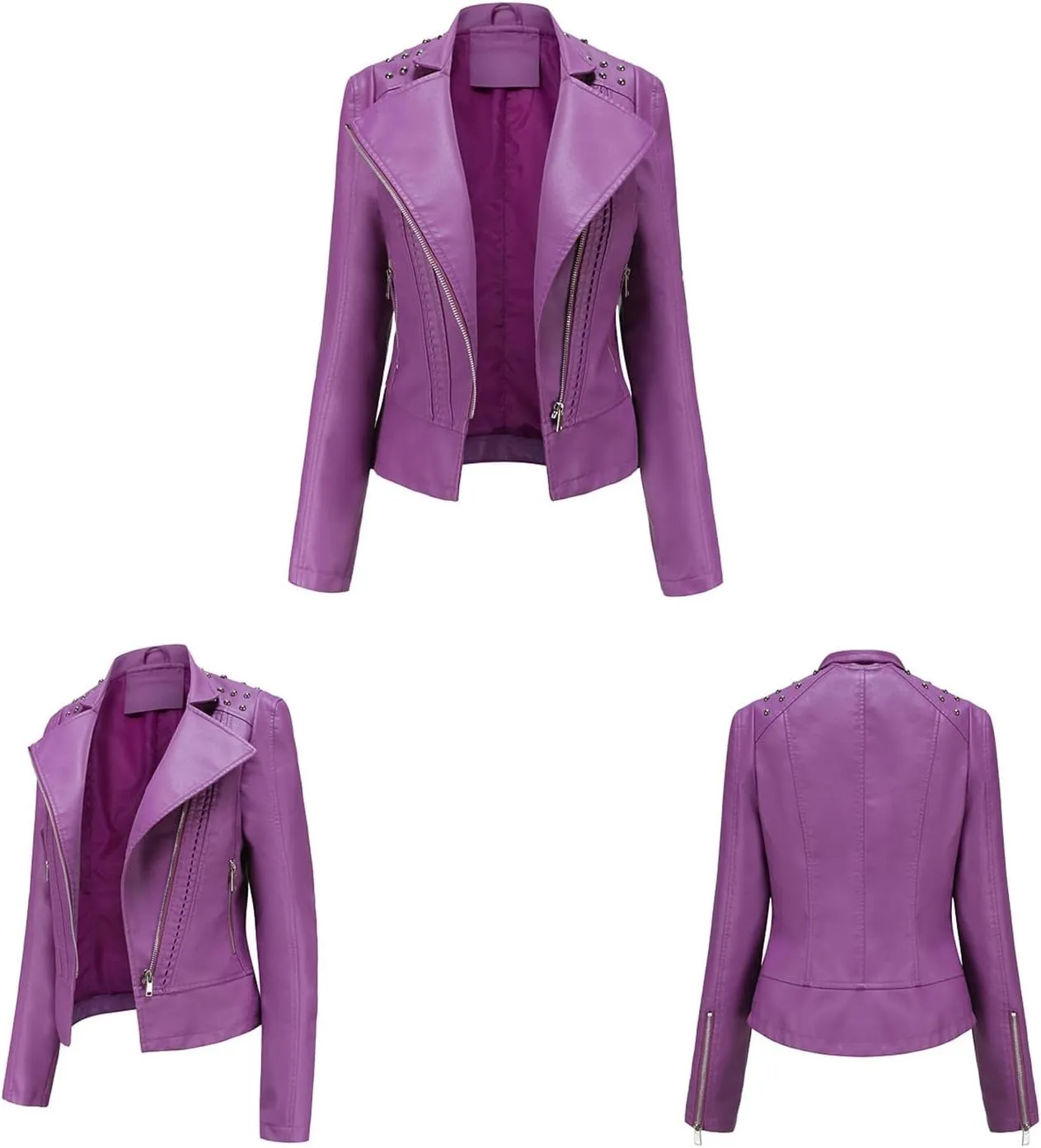 Fashion Slim Fit Leather Jacket Women, Classic Casual Moto Biker Outwear, Shacket Jacket Women (Regular & Petite)(Violet,X-Small)