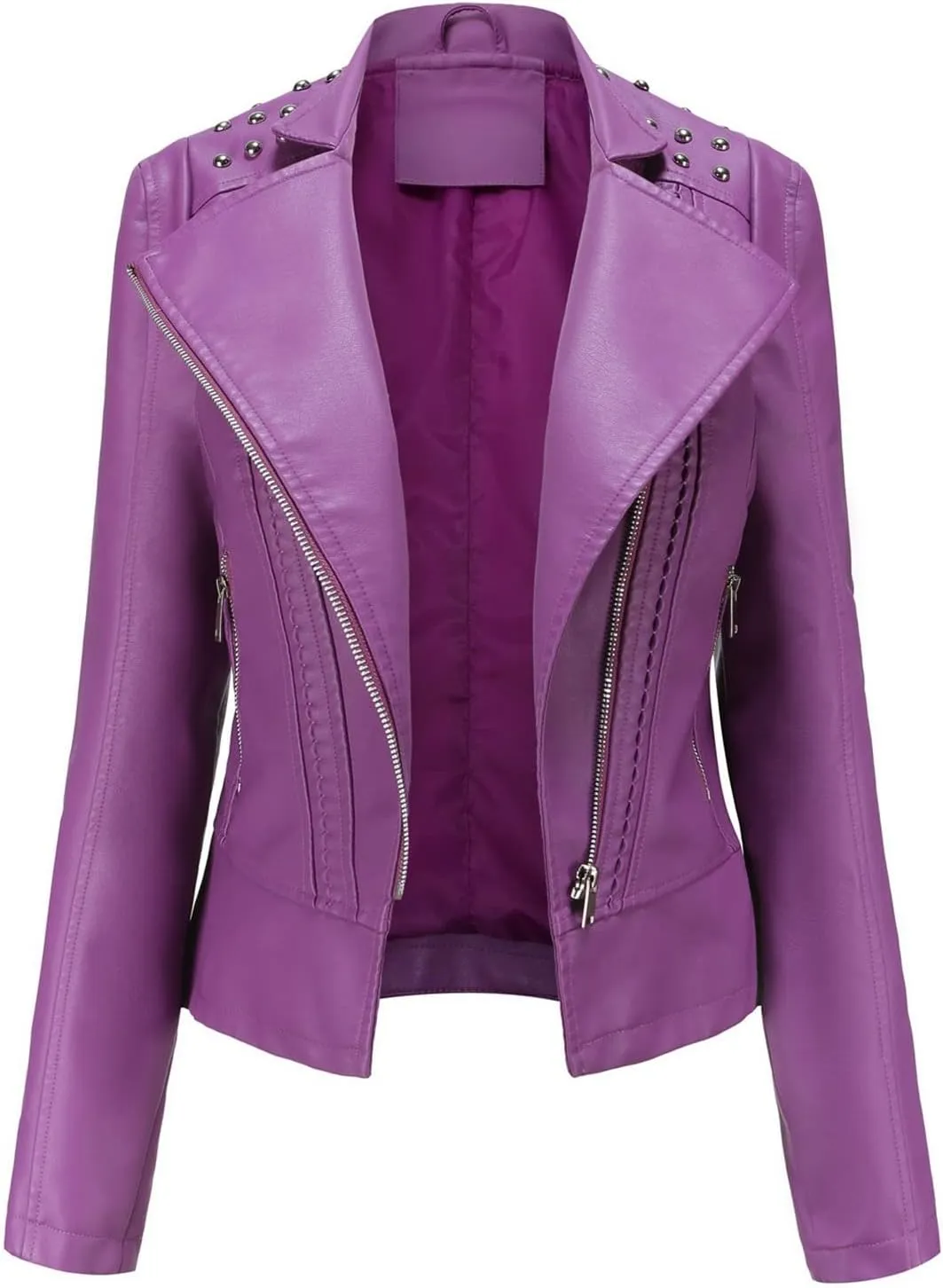 Fashion Slim Fit Leather Jacket Women, Classic Casual Moto Biker Outwear, Shacket Jacket Women (Regular & Petite)(Violet,X-Small)