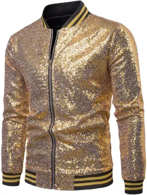 FEORJGP Mens Sequins Jakcet Zip Up Varsity Baseball Bomber Jacket Shinny Lightweight Coat Clubwear Bomber Jacket for Stage